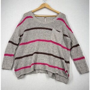 Free People Striped Slouchy Knit Sweater Oversized Cotton Boho Y2K Gray‎ Pink S